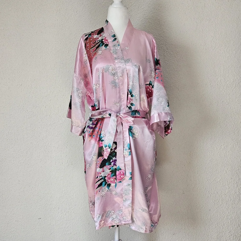 Pink Short Satin Robe - Picture 1 of 3
